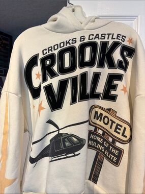Crooks & Castles Cream Crewneck Hoodie with Black & Tan Graphics